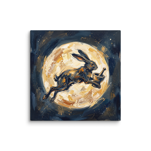 Rich impasto oil painting of a dark lunar hare leaping across a golden moon, suited for a living room wall. A Expressionism art print titled 'Celestial Hare'.