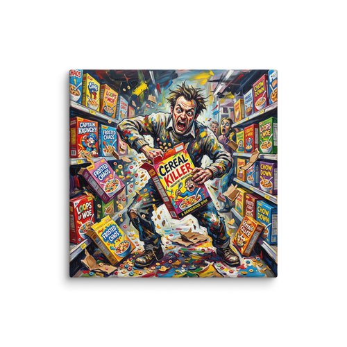 Fine art print 'Cereal Killer' in a Expressionism style. Vibrant expressionist painting of a manic man tearing open cereal boxes in a supermarket aisle for game room wall art.