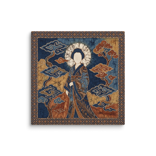 A elegant scene in indigo and gold, 'Amaterasu in Batik'. A Japanese batik fabric artwork depicting the sun goddess Amaterasu in indigo and gold hues in a Living Room decor setting.