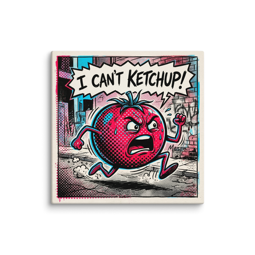 A comic book style pop art illustration of an angry running tomato with a speech bubble that says 'I CAN\'T KETCHUP!' rendered in red and cyan halftone dots. A Pop art print with a digital art look, titled 'Can't Ketchup'.