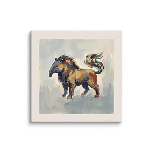 Folk art wall art, 'Baku the Dream Eater'. An expressive painting of the mythical Japanese Baku spirit in an entryway, with warm ochre and slate blue brushwork.