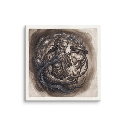 Symbolism wall art for the boardroom / conference room, 'Chronos and the Wheel of Time'. An intricate sepia ink illustration of Father Time holding an hourglass and snake ring in a Boardroom / Conference Room setting.