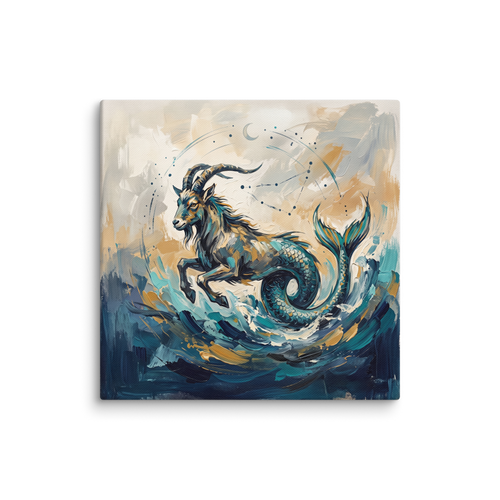 Wall art print 'Celestial Sea-Goat' in a Symbolism style. An impasto painting of the Capricorn sea goat jumping through ocean waves in a bedroom, featuring teal, deep navy, and gold brushstrokes.