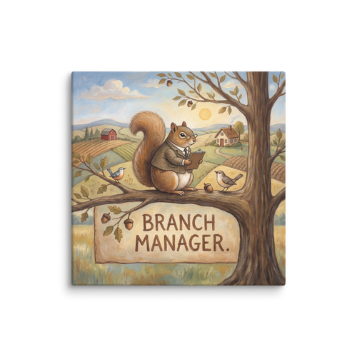 'Branch Manager', Folk art wall art in burly wood and tan. A whimsical oil painting of a squirrel in a suit holding a clipboard on a tree branch overlooking rolling hills, perfect for office decor.