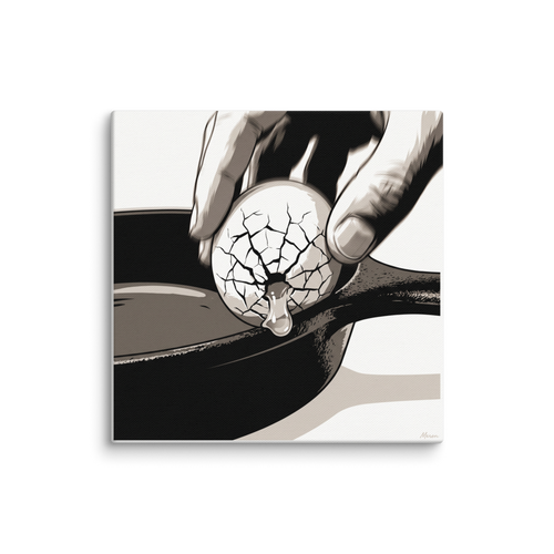 A striking Pop art print, 'Cracking the Shell'. A high-contrast graphic pop art illustration of an egg cracking on a cast-iron skillet in a modern kitchen.