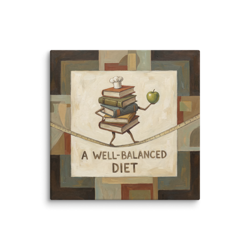 'A Well-Balanced Diet'. A humorous oil painting of stacked cookbooks holding a green apple while tightrope walking across a measuring tape in a modern kitchen. Offered as a Surrealism print.