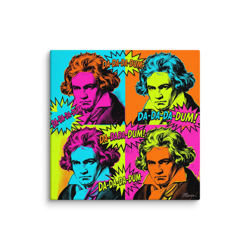 A lively / vibrant Pop art print, 'Beethoven in Technicolor'. A lively pop art portrait of Beethoven in four colorful quadrants with comic burst bubbles, perfect for an eclectic music studio.