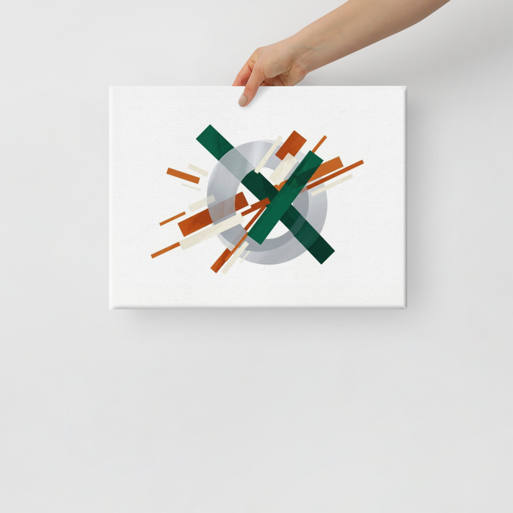 'Intersecting Perspectives' — a Suprematism print. An abstract painting of intersecting green and brown rectangular bars laid over a translucent gray circle, ideal for a modern Office.