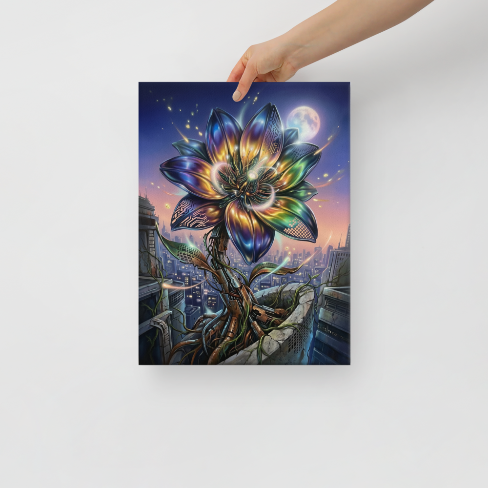 'Cybernetic Bloom' — a Digital art print. A large, glowing cybernetic flower with metallic petals and circuitry blooming out of concrete ruins in a futuristic city, perfect for a Game Room.