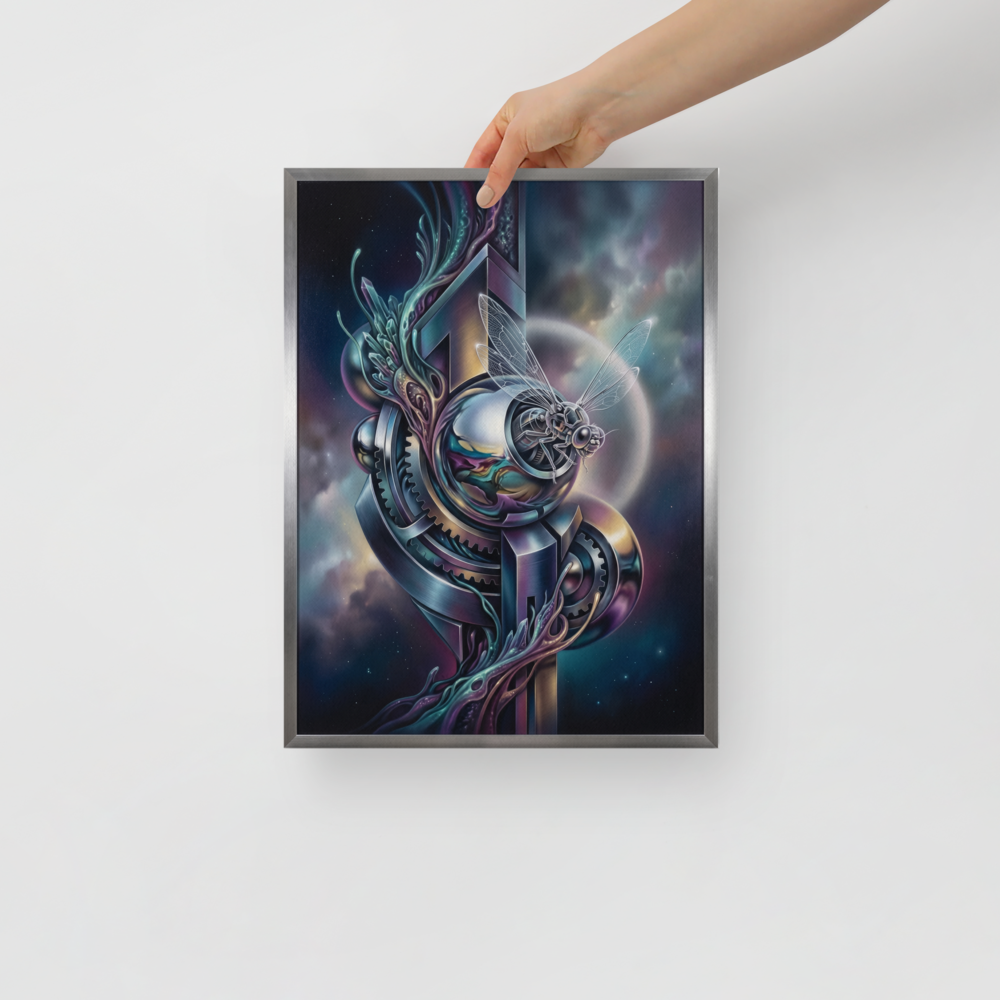 'The Clockwork Aviator' — a Surrealism print. A detailed mechanical insect with translucent wings perched on complex metallic gears floating in a colorful starry sky, an ideal piece for an Office.