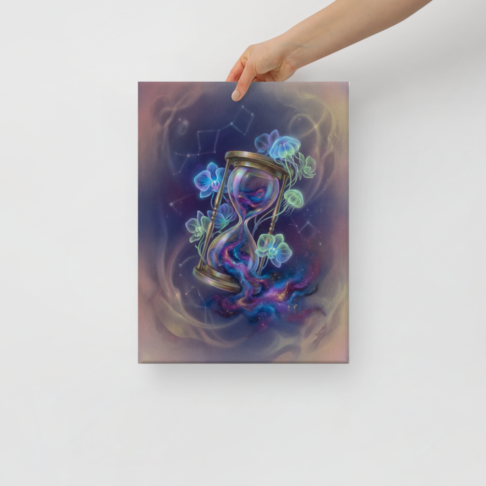 'Sands of the Nebula' — a Magic realism print. A magical brass hourglass filled with a swirling galaxy, surrounded by glowing orchids and jellyfish in a starry sky, ideal for a Bedroom.