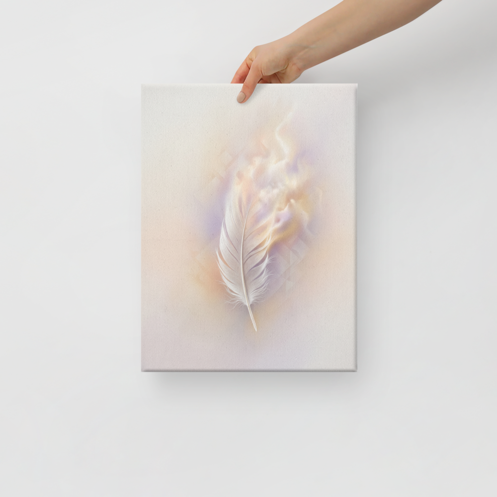 'Ethereal Plume' — a Abstract art print. A single white feather seemingly floating against a soft, luminous background of pastel orange and purple with faint geometric patterns, perfect for a peaceful bedroom.