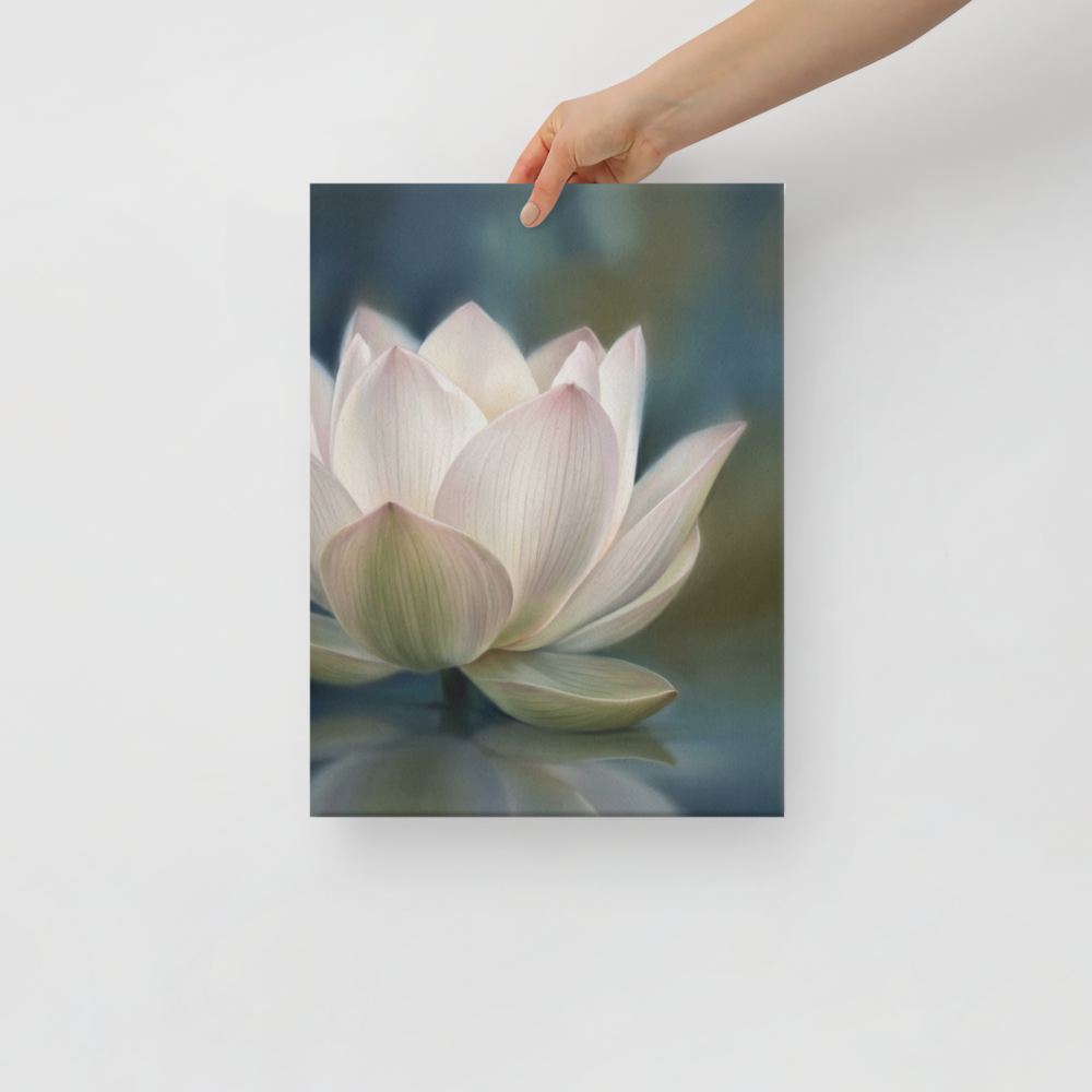 'Serene Lotus Reflection' — a Realism print. A soft, close-up painting of a pale pink and white lotus flower floating on calm, muted blue water, reflecting gently on the surface, suitable for a calm bathroom or living room.