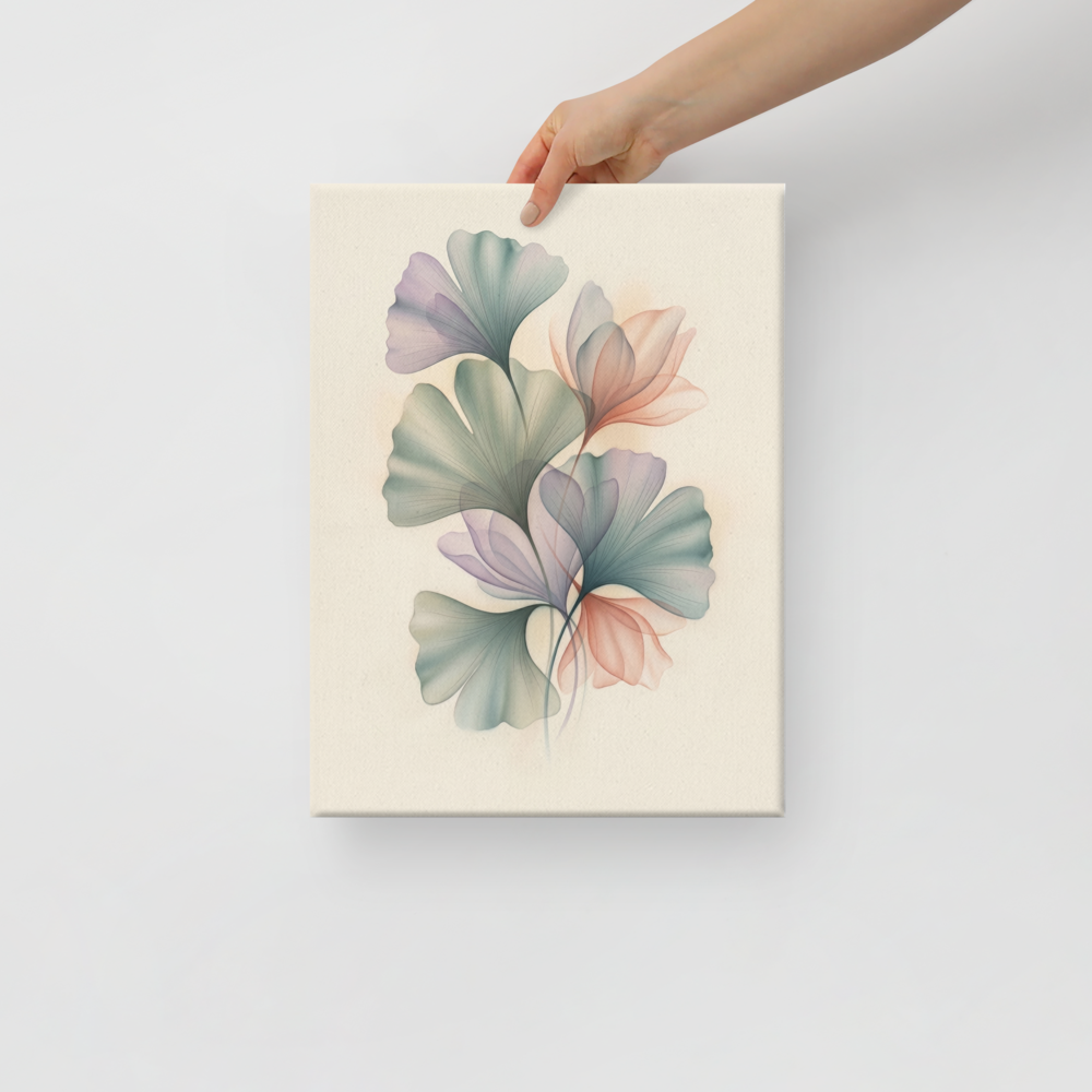 'Ethereal Ginkgo Whispers' — a Abstract art print. An elegant, translucent Airbrush illustration of ginkgo leaves overlapping in soft pastel colors, perfect for a peaceful Bedroom.