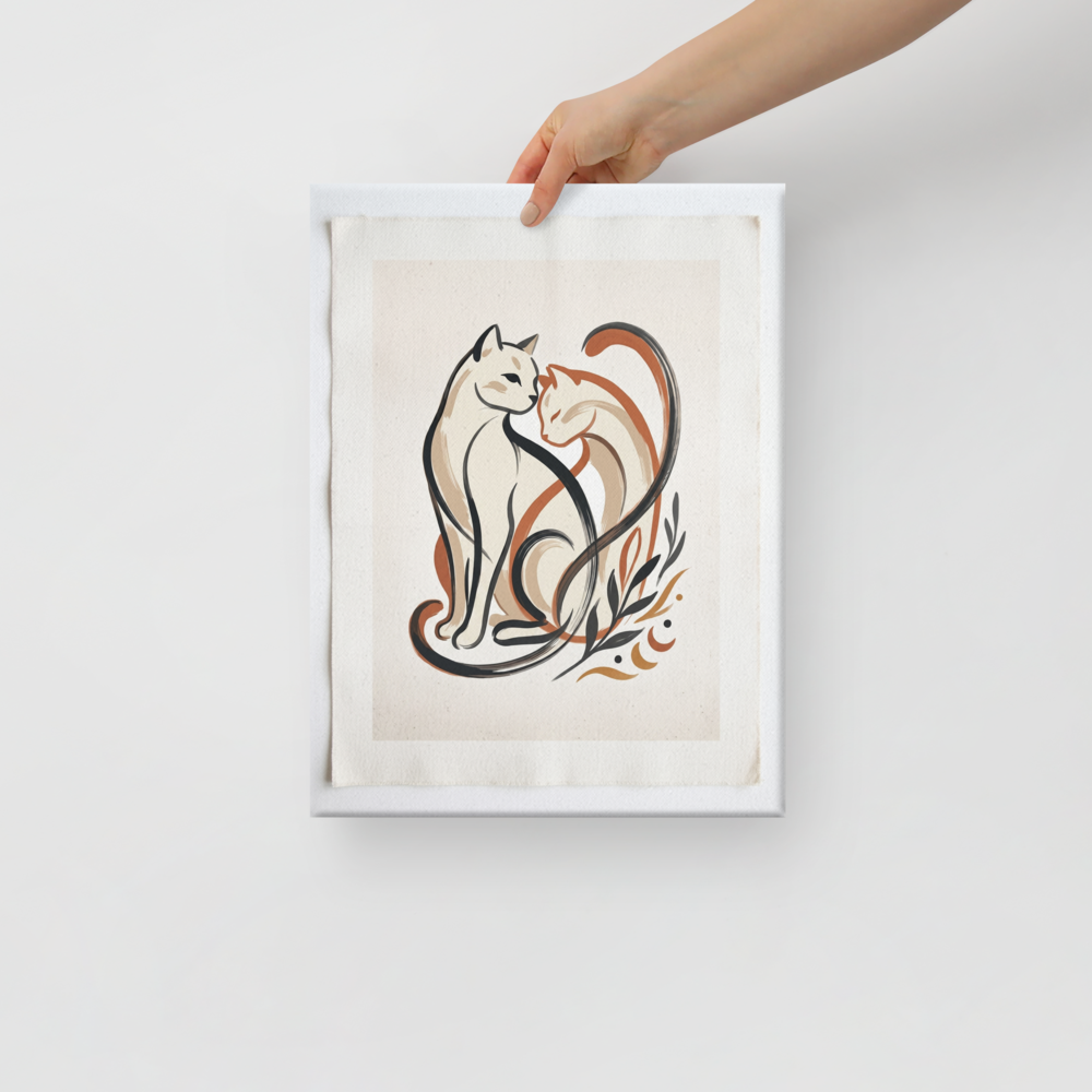 'Feline Affection' — a Minimalism,Abstract art print. A minimalist vector illustration of two cats intertwining lovingly in warm tones of cream, burnt orange, and dark charcoal, accompanied by simple botanical leaf motifs. Ideal for a cozy Nursery or Living Room.