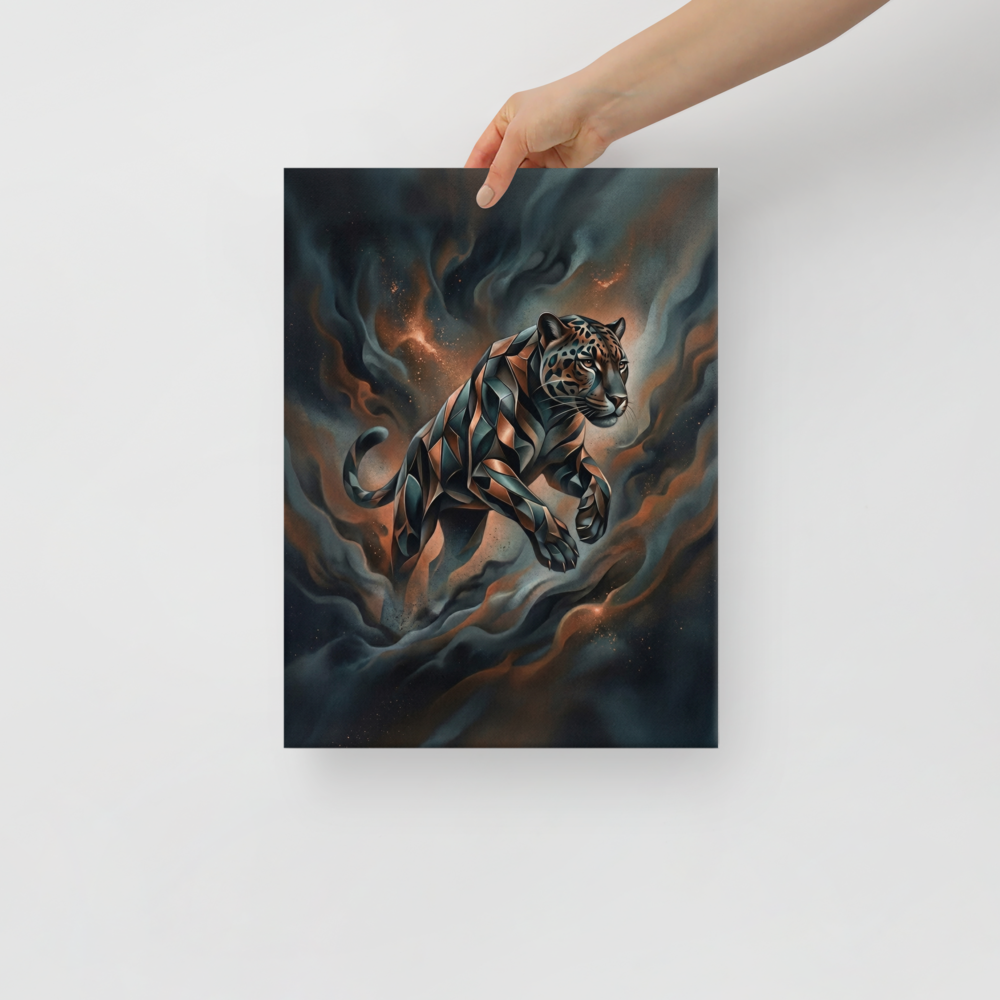 'Phantom Leap' — a Digital art print. A sleek, geometric panther leaping through dark teal and brown smoke in a modern digital art style, ideal for a living room.