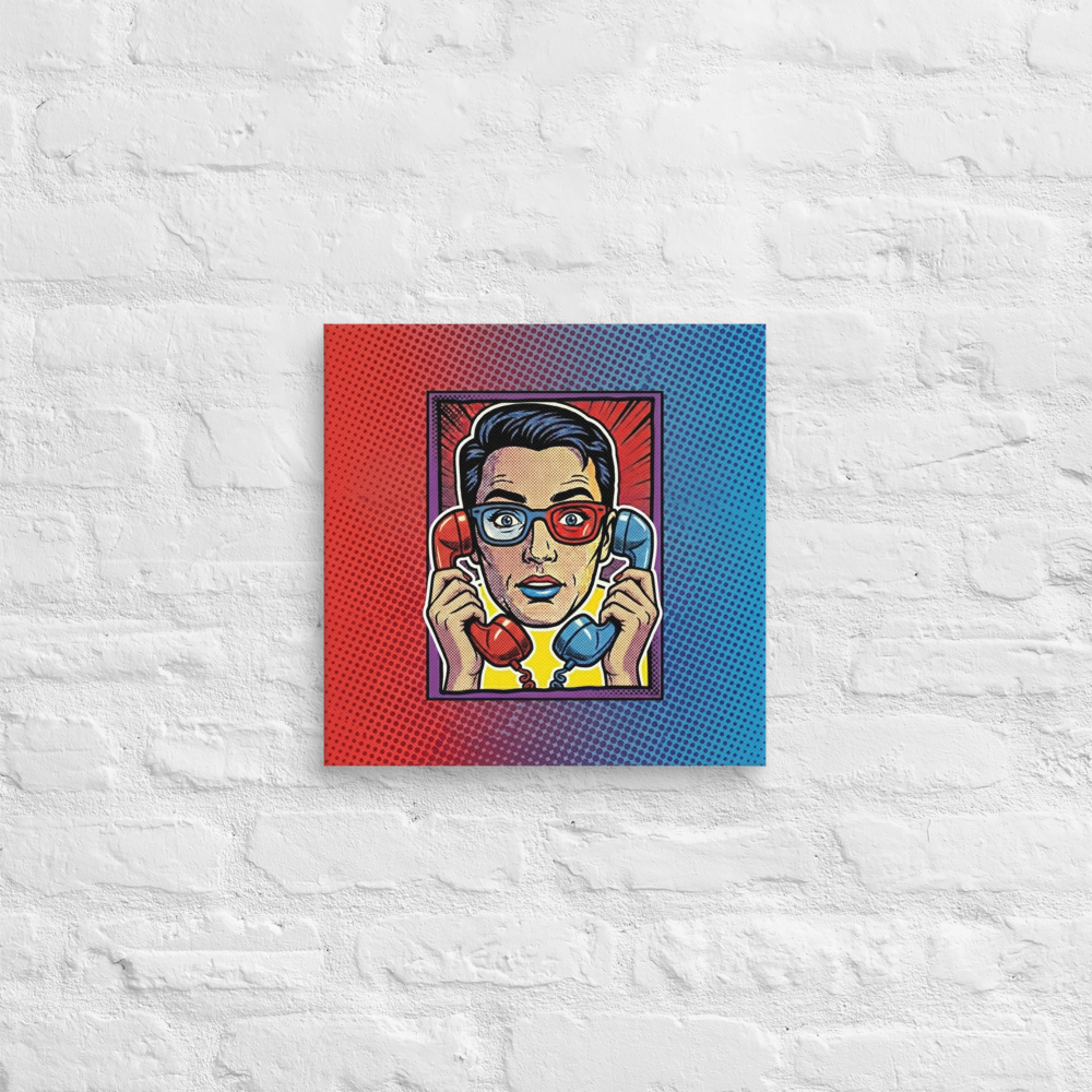 'Bipartisan Static' — a Pop art print. A pop art illustration of a confused woman wearing red and blue 3D glasses, holding a red telephone receiver to one ear and a blue one to the other, set against a red and blue halftone gradient, ideal for a Living Room.
