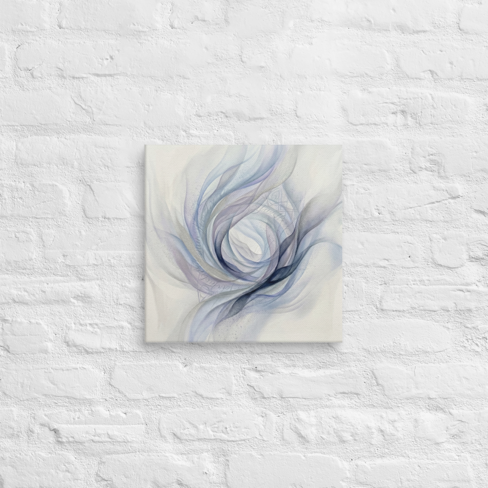 'Ethereal Whispers in the Vortex' — a Abstract art print. An abstract painting featuring swirling smoky ribbons of lavender, grey, and deep blue circling a bright white center, with faint cursive writing and patterns in the background.