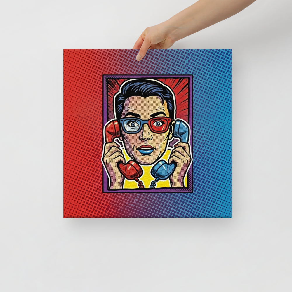 'Bipartisan Static' — a Pop art print. A pop art illustration of a confused woman wearing red and blue 3D glasses, holding a red telephone receiver to one ear and a blue one to the other, set against a red and blue halftone gradient, ideal for a Living Room.