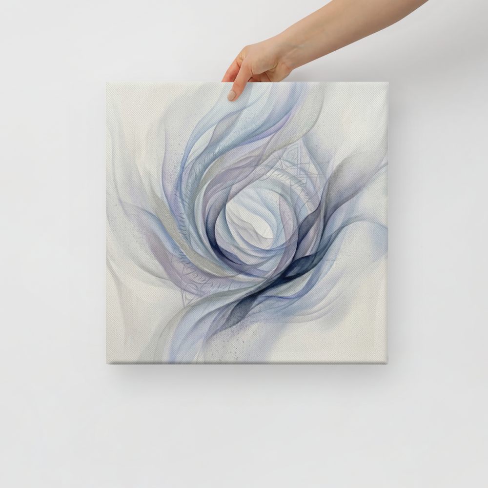 'Ethereal Whispers in the Vortex' — a Abstract art print. An abstract painting featuring swirling smoky ribbons of lavender, grey, and deep blue circling a bright white center, with faint cursive writing and patterns in the background.