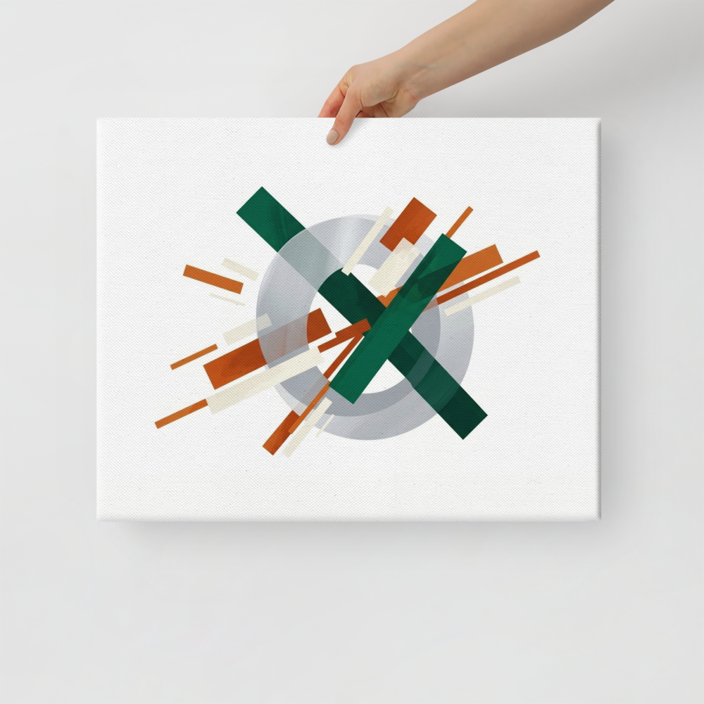 'Intersecting Perspectives' — a Suprematism print. An abstract painting of intersecting green and brown rectangular bars laid over a translucent gray circle, ideal for a modern Office.