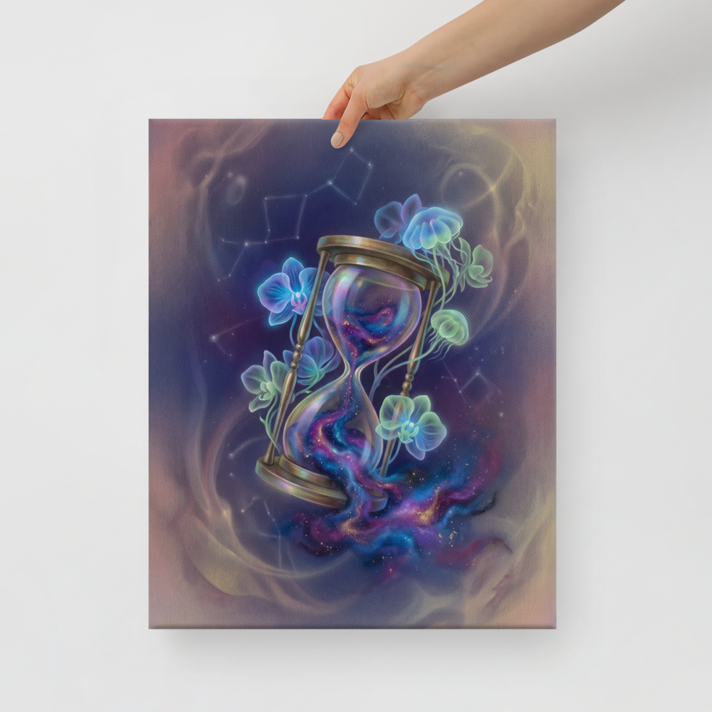 'Sands of the Nebula' — a Magic realism print. A magical brass hourglass filled with a swirling galaxy, surrounded by glowing orchids and jellyfish in a starry sky, ideal for a Bedroom.