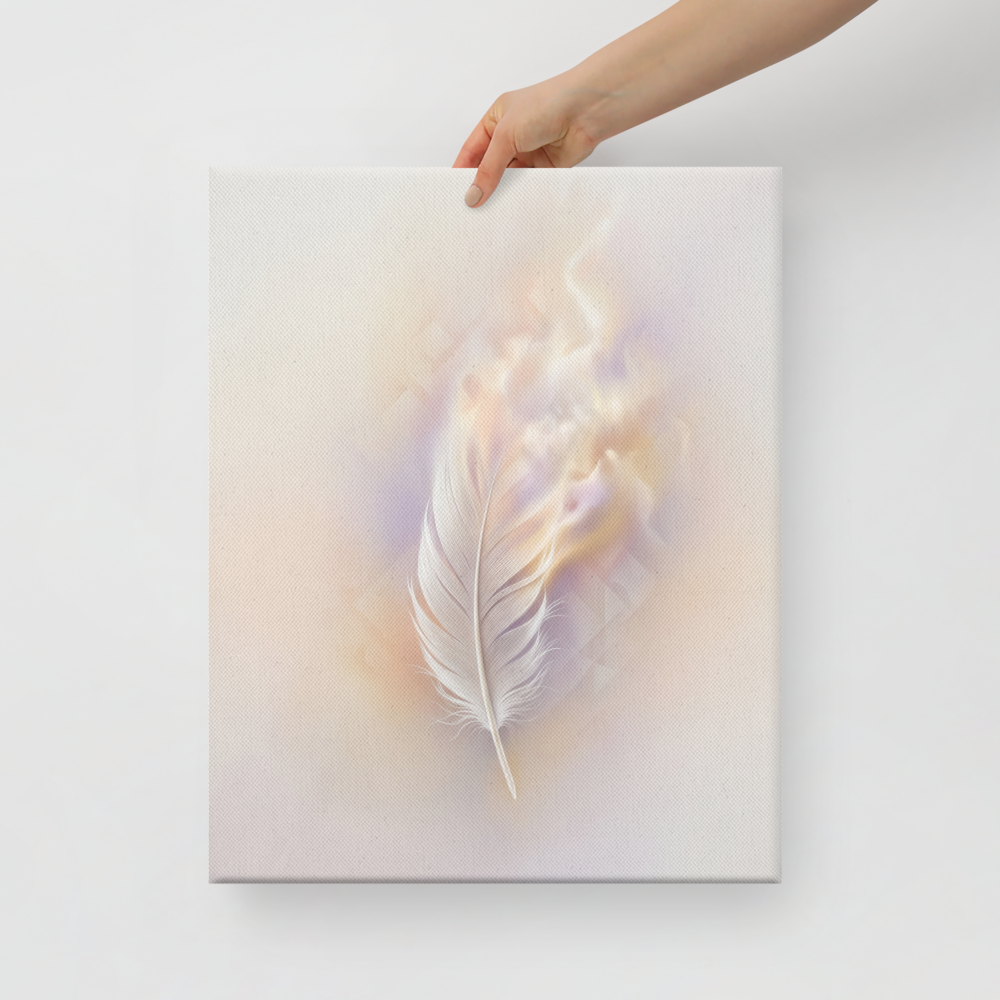 'Ethereal Plume' — a Abstract art print. A single white feather seemingly floating against a soft, luminous background of pastel orange and purple with faint geometric patterns, perfect for a peaceful bedroom.