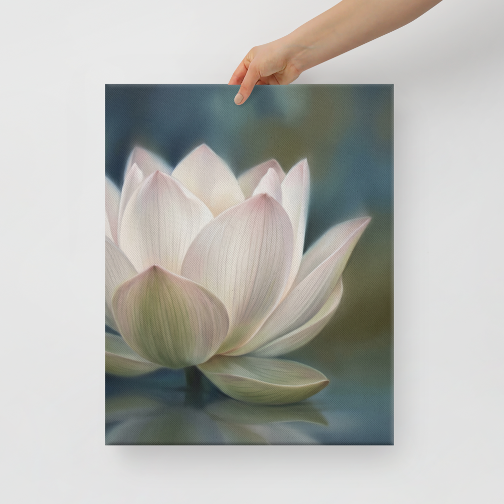 'Serene Lotus Reflection' — a Realism print. A soft, close-up painting of a pale pink and white lotus flower floating on calm, muted blue water, reflecting gently on the surface, suitable for a calm bathroom or living room.