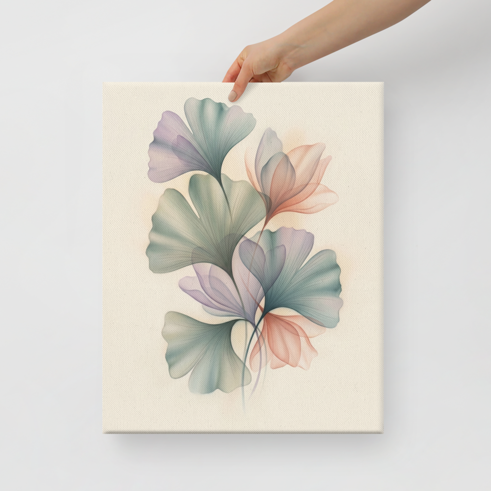 'Ethereal Ginkgo Whispers' — a Abstract art print. An elegant, translucent Airbrush illustration of ginkgo leaves overlapping in soft pastel colors, perfect for a peaceful Bedroom.