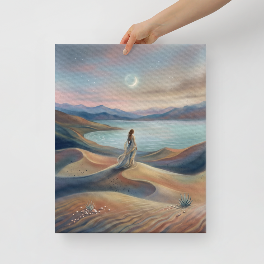 'Desert Moonrise' — a Magic realism print. A woman in a flowing dress standing on rolling sand dunes looking over a turquoise bay toward mountains under a twilight sky with a crescent moon.