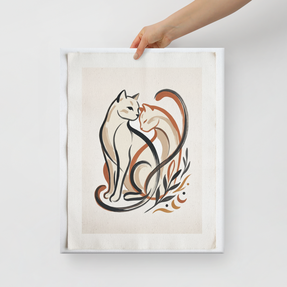'Feline Affection' — a Minimalism,Abstract art print. A minimalist vector illustration of two cats intertwining lovingly in warm tones of cream, burnt orange, and dark charcoal, accompanied by simple botanical leaf motifs. Ideal for a cozy Nursery or Living Room.