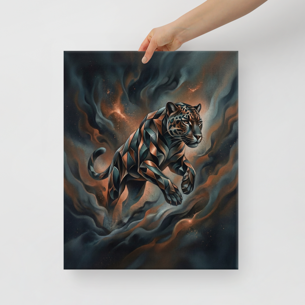 'Phantom Leap' — a Digital art print. A sleek, geometric panther leaping through dark teal and brown smoke in a modern digital art style, ideal for a living room.