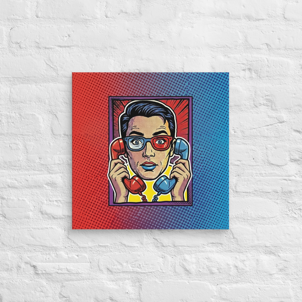 'Bipartisan Static' — a Pop art print. A pop art illustration of a confused woman wearing red and blue 3D glasses, holding a red telephone receiver to one ear and a blue one to the other, set against a red and blue halftone gradient, ideal for a Living Room.