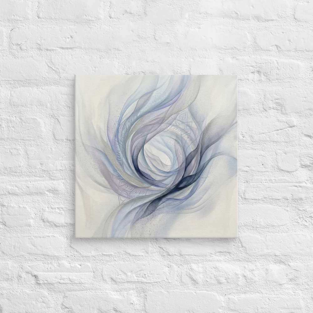 'Ethereal Whispers in the Vortex' — a Abstract art print. An abstract painting featuring swirling smoky ribbons of lavender, grey, and deep blue circling a bright white center, with faint cursive writing and patterns in the background.