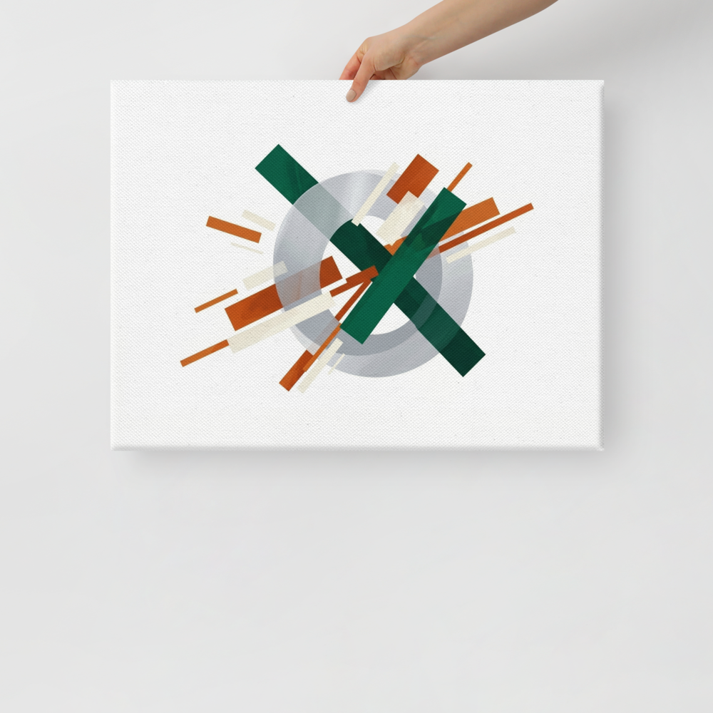 'Intersecting Perspectives' — a Suprematism print. An abstract painting of intersecting green and brown rectangular bars laid over a translucent gray circle, ideal for a modern Office.