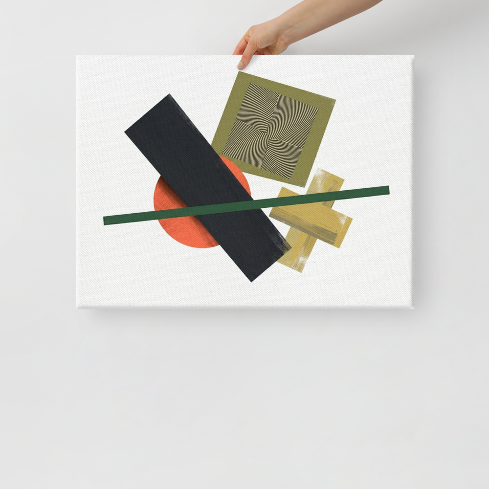 'The Geometry of Sound' — a Suprematism print. An abstract painting featuring a black rectangle, an orange circle, a green diagonal line, and a square with wavy lines, a unique focal point for a Studio.