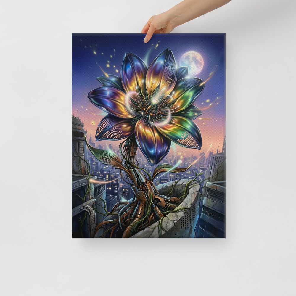 'Cybernetic Bloom' — a Digital art print. A large, glowing cybernetic flower with metallic petals and circuitry blooming out of concrete ruins in a futuristic city, perfect for a Game Room.