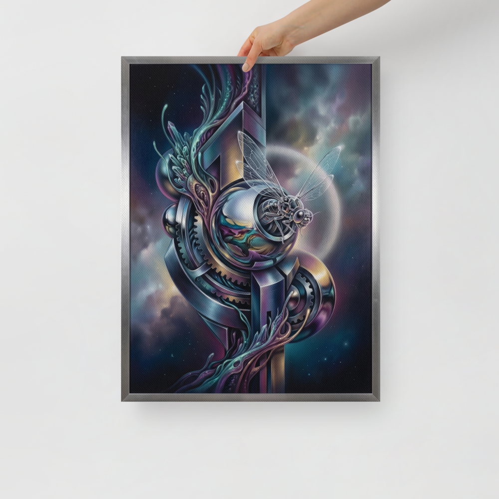'The Clockwork Aviator' — a Surrealism print. A detailed mechanical insect with translucent wings perched on complex metallic gears floating in a colorful starry sky, an ideal piece for an Office.