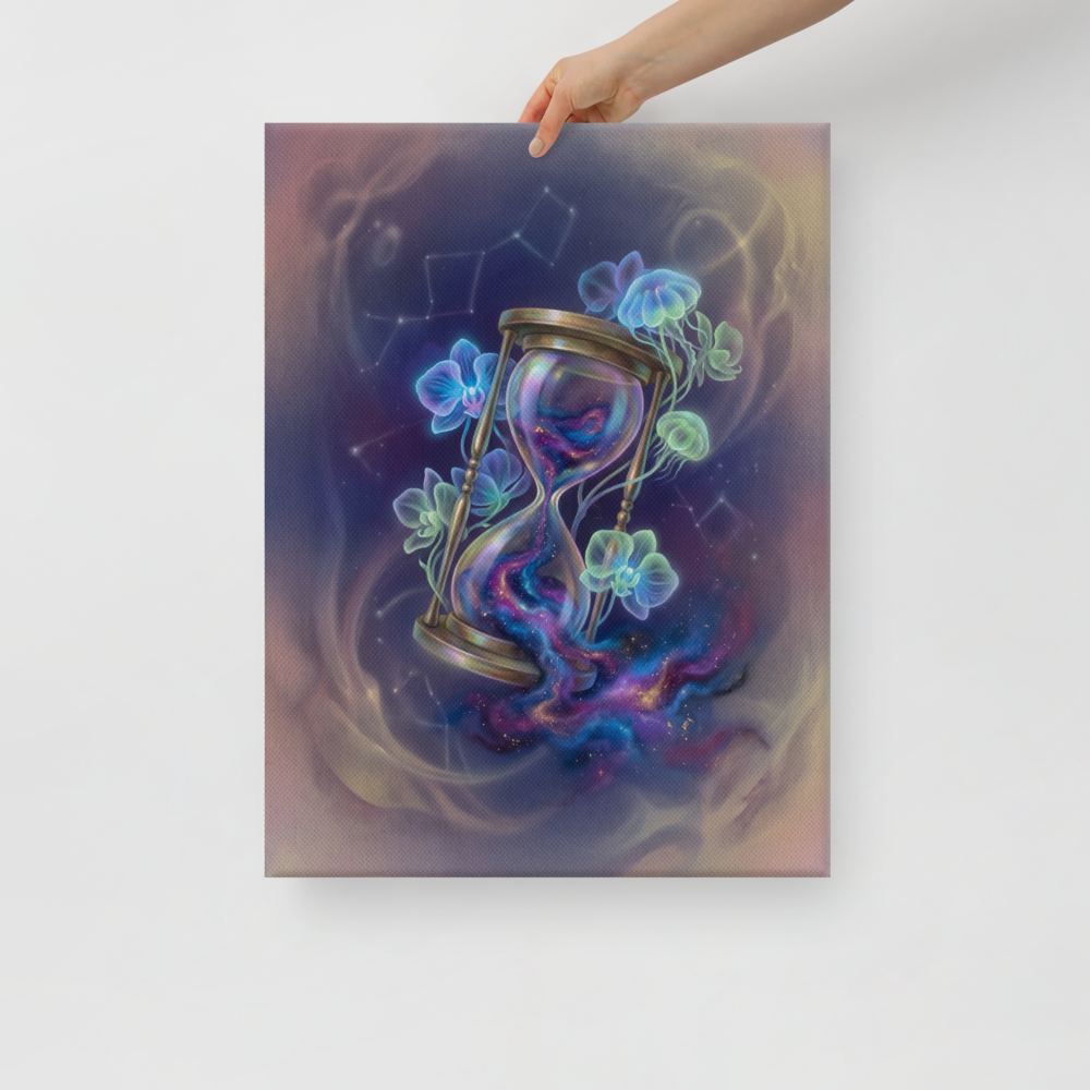 'Sands of the Nebula' — a Magic realism print. A magical brass hourglass filled with a swirling galaxy, surrounded by glowing orchids and jellyfish in a starry sky, ideal for a Bedroom.