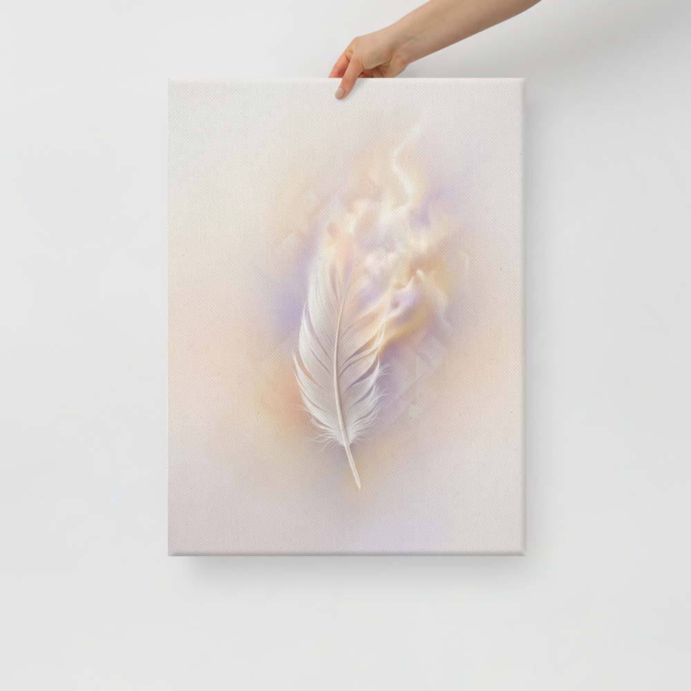 'Ethereal Plume' — a Abstract art print. A single white feather seemingly floating against a soft, luminous background of pastel orange and purple with faint geometric patterns, perfect for a peaceful bedroom.