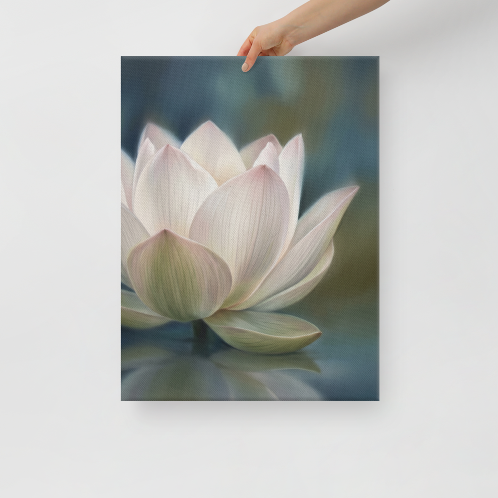 'Serene Lotus Reflection' — a Realism print. A soft, close-up painting of a pale pink and white lotus flower floating on calm, muted blue water, reflecting gently on the surface, suitable for a calm bathroom or living room.