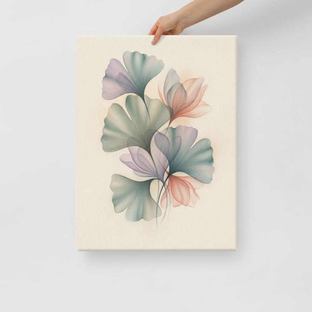 'Ethereal Ginkgo Whispers' — a Abstract art print. An elegant, translucent Airbrush illustration of ginkgo leaves overlapping in soft pastel colors, perfect for a peaceful Bedroom.