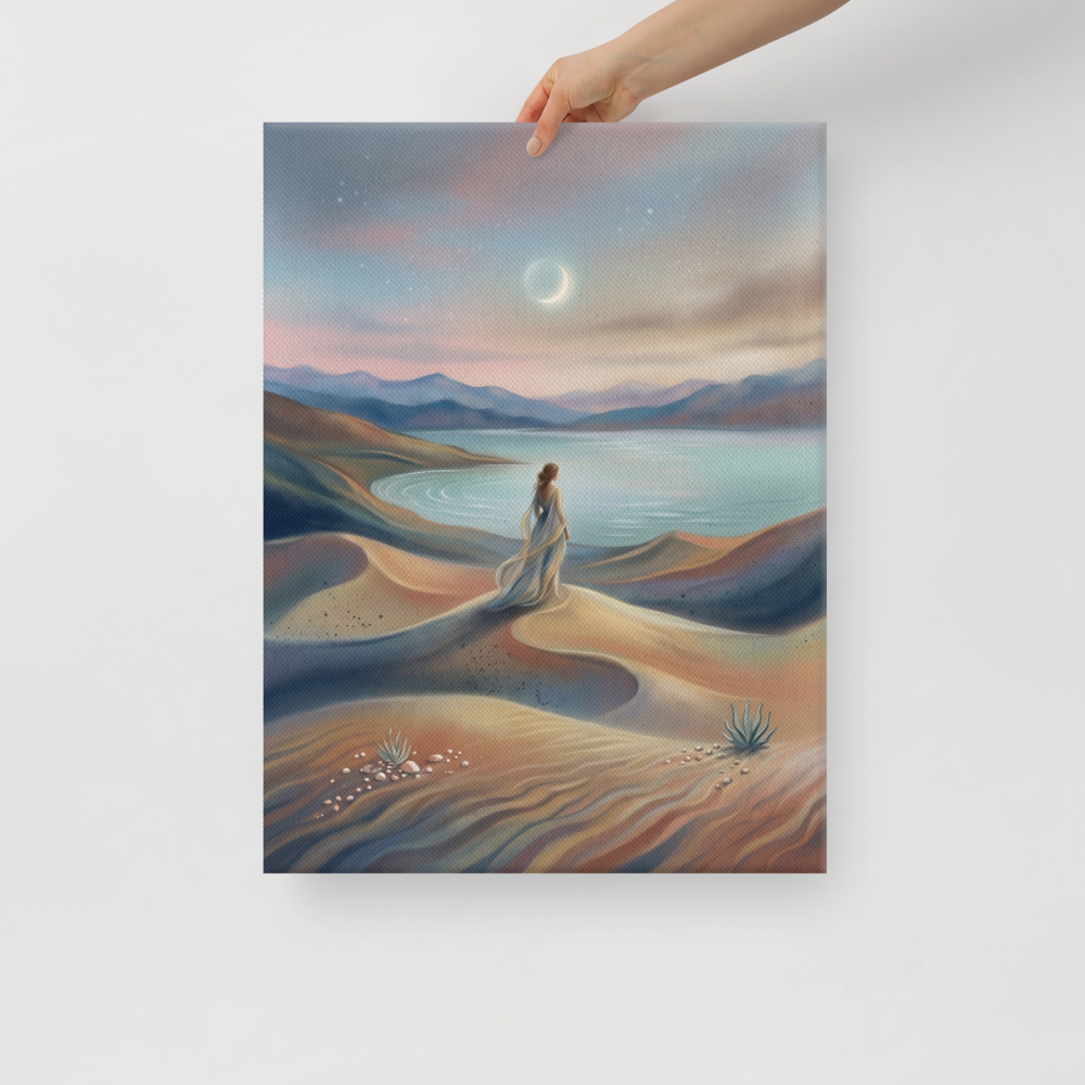 'Desert Moonrise' — a Magic realism print. A woman in a flowing dress standing on rolling sand dunes looking over a turquoise bay toward mountains under a twilight sky with a crescent moon.