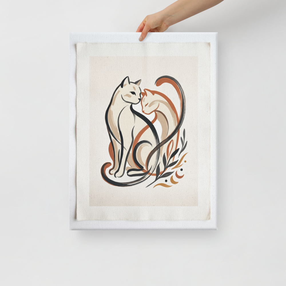 'Feline Affection' — a Minimalism,Abstract art print. A minimalist vector illustration of two cats intertwining lovingly in warm tones of cream, burnt orange, and dark charcoal, accompanied by simple botanical leaf motifs. Ideal for a cozy Nursery or Living Room.