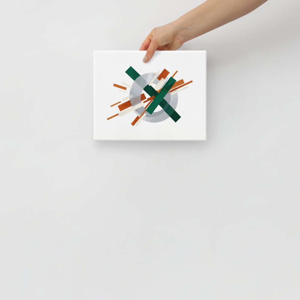 'Intersecting Perspectives' — a Suprematism print. An abstract painting of intersecting green and brown rectangular bars laid over a translucent gray circle, ideal for a modern Office.