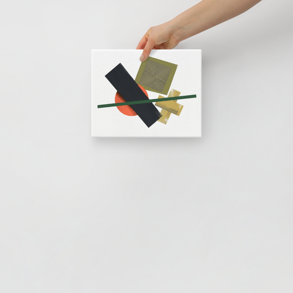 'The Geometry of Sound' — a Suprematism print. An abstract painting featuring a black rectangle, an orange circle, a green diagonal line, and a square with wavy lines, a unique focal point for a Studio.