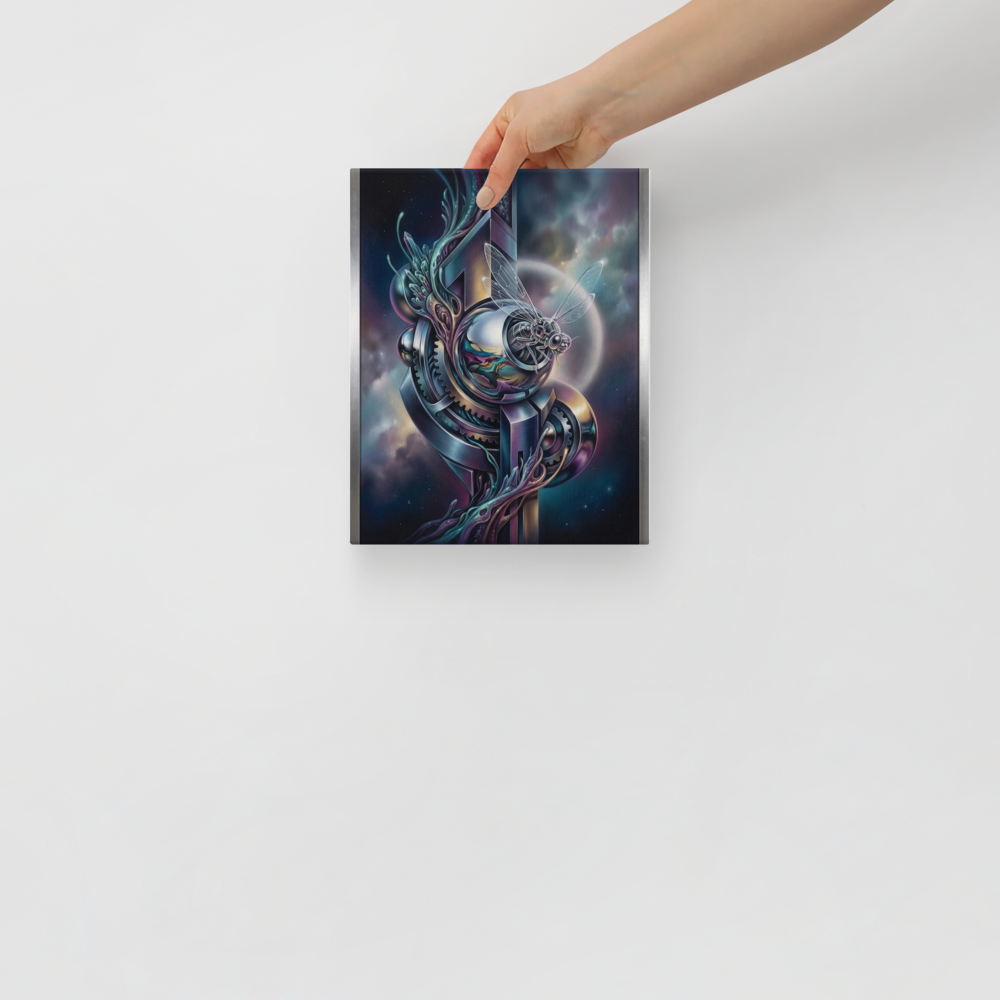 'The Clockwork Aviator' — a Surrealism print. A detailed mechanical insect with translucent wings perched on complex metallic gears floating in a colorful starry sky, an ideal piece for an Office.