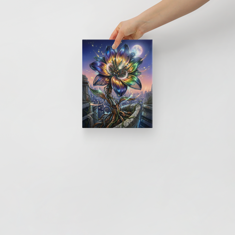 'Cybernetic Bloom' — a Digital art print. A large, glowing cybernetic flower with metallic petals and circuitry blooming out of concrete ruins in a futuristic city, perfect for a Game Room.