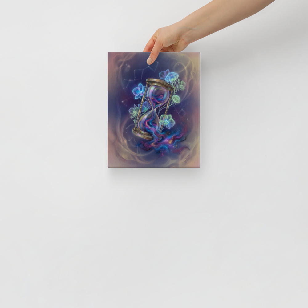 'Sands of the Nebula' — a Magic realism print. A magical brass hourglass filled with a swirling galaxy, surrounded by glowing orchids and jellyfish in a starry sky, ideal for a Bedroom.