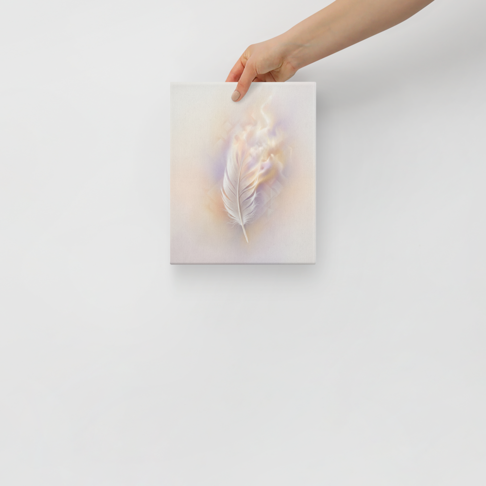 'Ethereal Plume' — a Abstract art print. A single white feather seemingly floating against a soft, luminous background of pastel orange and purple with faint geometric patterns, perfect for a peaceful bedroom.